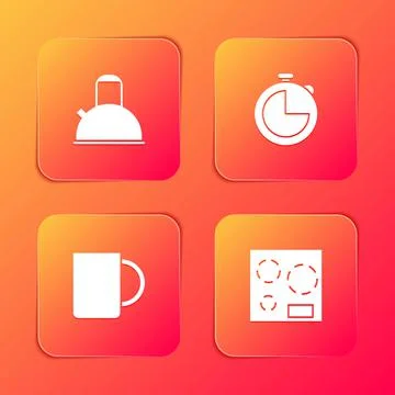 Set Kettle with handle, Kitchen timer, Coffee cup and Electric stove icon Illustrazione stock