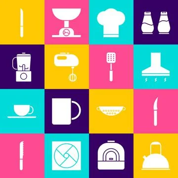 Set Kettle with handle, Knife, Kitchen extractor fan, Chef hat, Electric mixer Illustration
