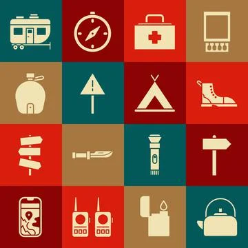 Set Kettle with handle, Road traffic signpost, Hiking boot, First aid kit Illustration