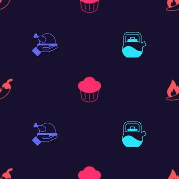 Set Kettle with handle, Roasted turkey or chicken, Cupcake and Hot chili pepper Stock Illustration