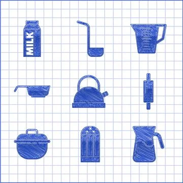 Set Kettle with handle, Salt, Jug glass water, Rolling pin, Cooking pot, Frying Illustration
