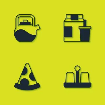 Set Kettle with handle, Salt pepper, Slice of pizza and Online ordering delivery Illustration