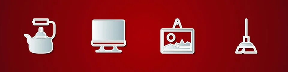 Set Kettle with handle, Smart Tv, Picture and Handle broom icon. Vector Illustration