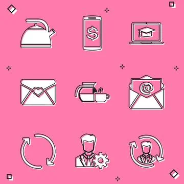 Set Kettle with handle, Smartphone dollar, Graduation cap laptop, Envelope Illustration
