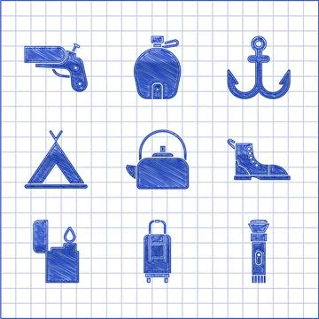 Set Kettle with handle, Suitcase, Flashlight, Hiking boot, Lighter, Tourist tent Illustration