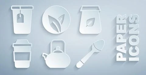 Set Kettle with handle, Tea packaging, Cup of tea, Teaspoon, leaf and bag i.. Stock Illustration
