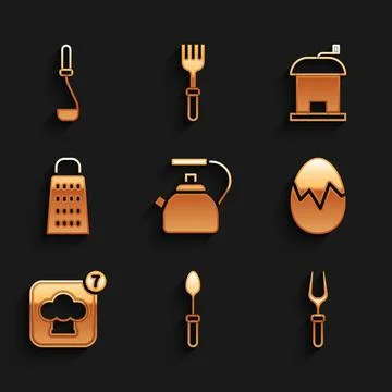 Set Kettle with handle, Teaspoon, Barbecue fork, Broken egg, Chef hat, Grat.. Illustration