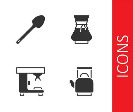 Set Kettle with handle, Teaspoon, Coffee machine and Pour over coffee maker icon Illustration