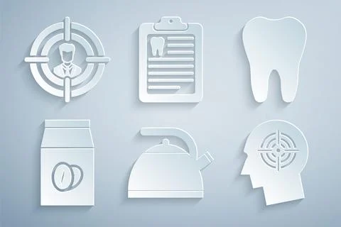 Set Kettle with handle, Tooth, Coffee beans in bag, Head hunting concept Illustration