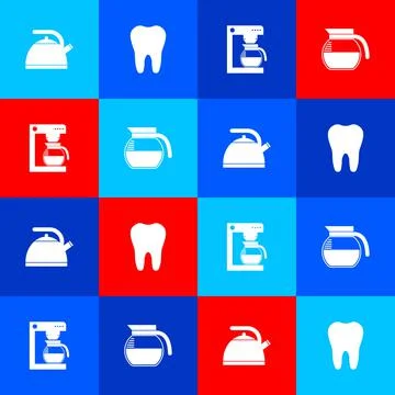 Set Kettle with handle, Tooth, Coffee machine pot and icon. Vector Illustration