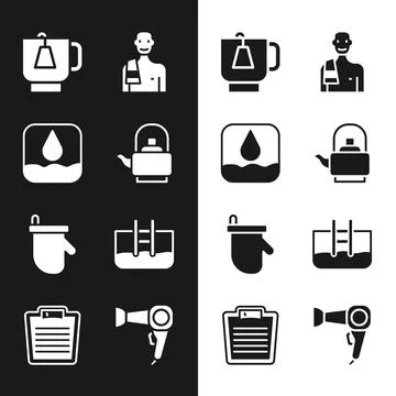 Set Kettle with handle, Water drop, Cup of tea tea bag, Man in the sauna, Sauna Illustration