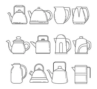 Set of kettle isolated doodle outline icon, cartoon set icon electric teapo.. Stock Illustration