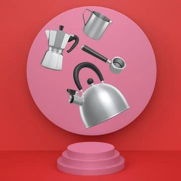 Set of kettle, moka pot and portafilter with black handles floating above p.. Ilustração Stock