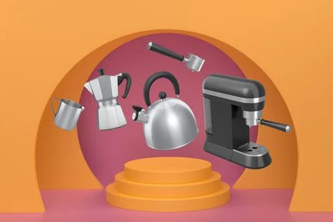 Set of kettle, moka pot and portafilter with black handles floating above p.. Ilustração Stock
