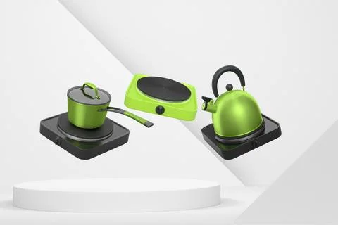 Set of kettle, saucepan, and black stoves floating over podium and abstract.. Ilustração Stock
