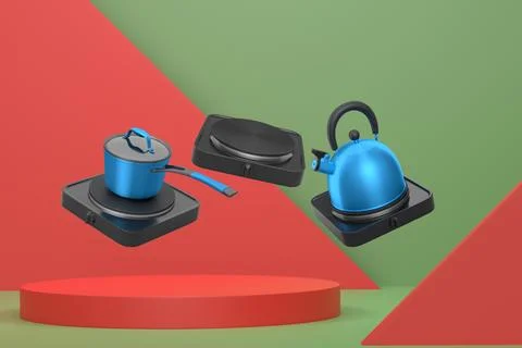 Set of kettle, saucepan, and black stoves floating over podium and abstract.. Ilustração Stock