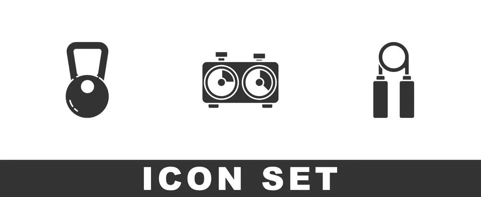 Set Kettlebell, Time chess clock and Sport expander icon. Vector Ilustración de archivo