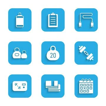 Set Kettlebell, Towel stack, Calendar fitness, Dumbbell, Fitness club, gym card Stock Illustration