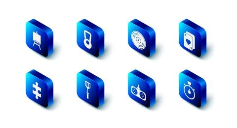 Set Kettlebell, Vinyl disk, Playing cards, Stopwatch, Gamepad, Spatula, Piece of Stock Illustration