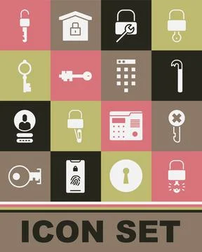 Set Key broke inside of padlock, Wrong key, Crowbar, Lock repair, Old, Unlocked Stock Illustration