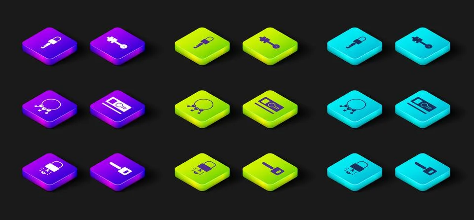 Set Key broke inside of padlock, Bunch keys, card, Old and Locked icon. Vector 스톡 일러스트