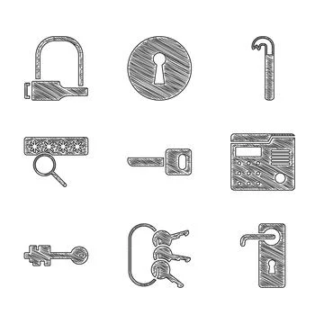 Set Key, Bunch of keys, Door handle, House intercom system, Old, Password Illustrazione stock