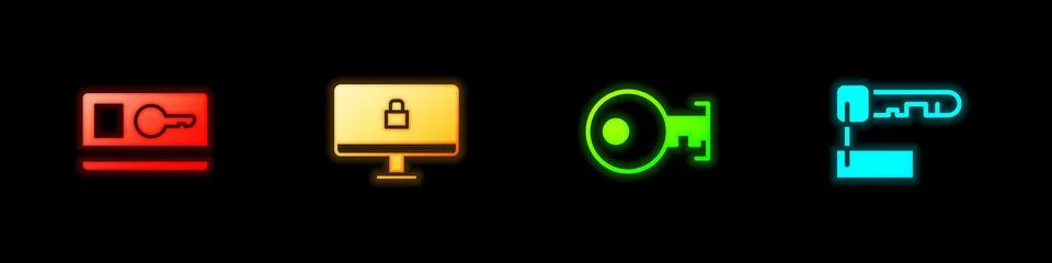 Set Key card, Lock on computer monitor, and Marked key icon. Vector 스톡 일러스트