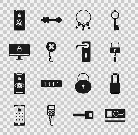 Set Key card, Lock, picks for lock picking, Bunch of keys, Wrong, computer mo Stock Illustration