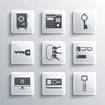 Set Key card, Marked key, Bunch of keys, Lock on computer monitor, Safe and Old Stock Illustration