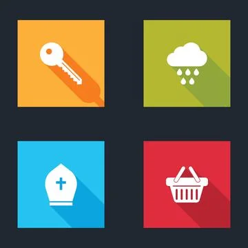 Set Key, Cloud with rain, Pope hat and Shopping basket icon. Vector Stock Illustration