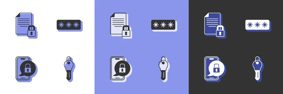 Set Key, Document and lock, Mobile with closed padlock and Password protectio Illustrazione stock