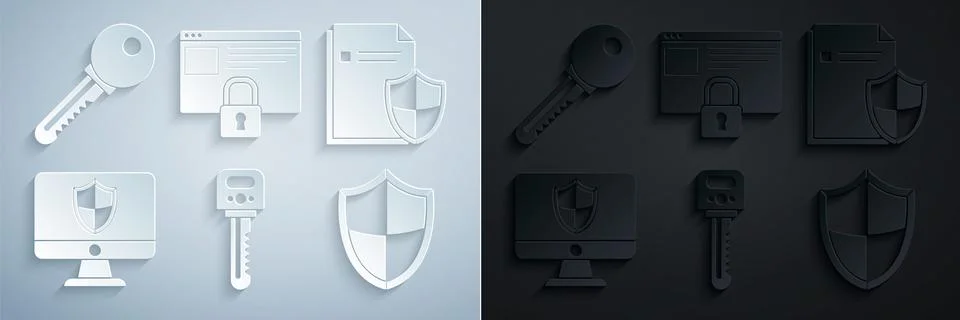 Set Key, Document protection concept, Computer monitor and shield, Shield Stock Illustration
