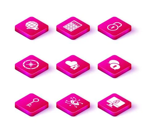 Set Key, Eye scan, Safe, Cloud computing lock, Lock on computer monitor screen Illustrazione stock