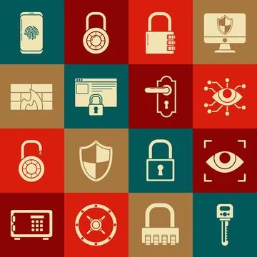 Set Key, Eye scan, Safe combination lock, Secure your site with HTTPS, SSL 库存插图