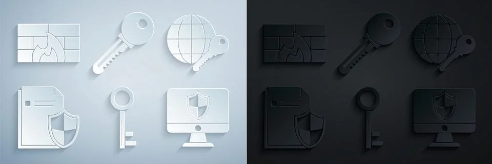 Set Key, Globe key, Document protection concept, Computer monitor and shield Stock Illustration