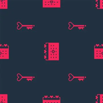Set Key in heart shape and Calendar with on seamless pattern. Vector 스톡 일러스트