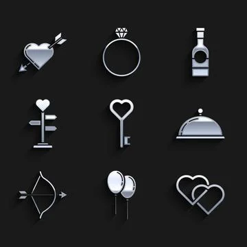 Set Key in heart shape, Balloons with ribbon, Two Linked Hearts, Covered tr.. Stock Illustration