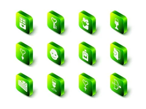 Set Key in heart shape, Dating app online mobile, Glass of champagne, Valen.. Ilustração Stock