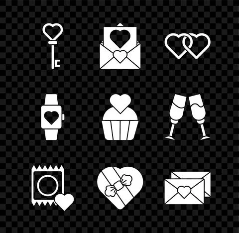 Set Key in heart shape, Envelope with Valentine, Two Linked Hearts, Condom Stock-Illustration