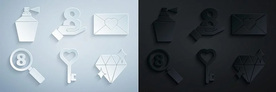 Set Key in heart shape, Envelope with 8 March, Search, Diamond, hand and Perf Illustrazione stock