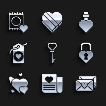Set Key in heart shape, Envelope with Valentine, Castle the of, Heart, tag,.. Illustrazione stock