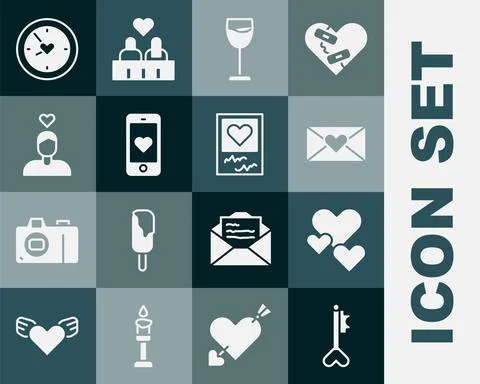Set Key in heart shape, Heart, Envelope with Valentine, Wine glass, Mobile Stock Illustration