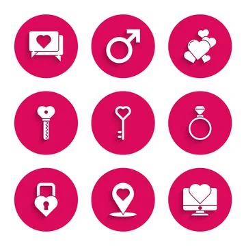 Set Key in heart shape, Map pointer with, Computer monitor, Wedding rings Stock Illustration