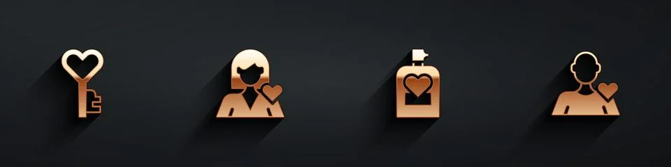 Set Key in heart shape, Romantic girl, Perfume and  icon with long shadow. .. Ilustração Stock