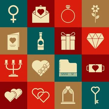 Set Key in heart shape Two coffee cup and Diamond engagement ring Champagne b Stock Illustration