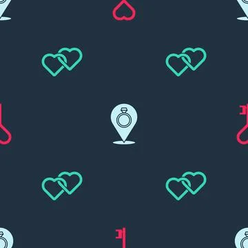 Set Key in heart shape, Wedding rings and Two Linked Hearts on seamless pattern イラスト素材