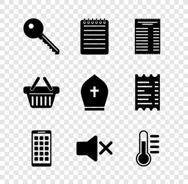 Set Key, Notebook, Paper or financial check, Mobile Apps, Speaker mute and Th Stock Illustration