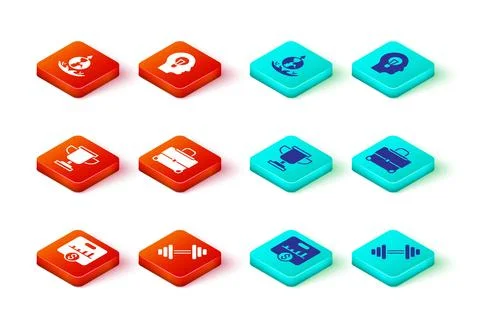 Set Key performance indicator, Dumbbell, Award cup, Briefcase, Human with lamp Stock Illustration