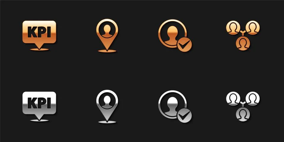 Set Key performance indicator, Location with person, Create account screen and Stock Illustration