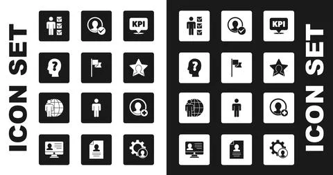 Set Key performance indicator, Location marker, Head with question, User of Stock Illustration